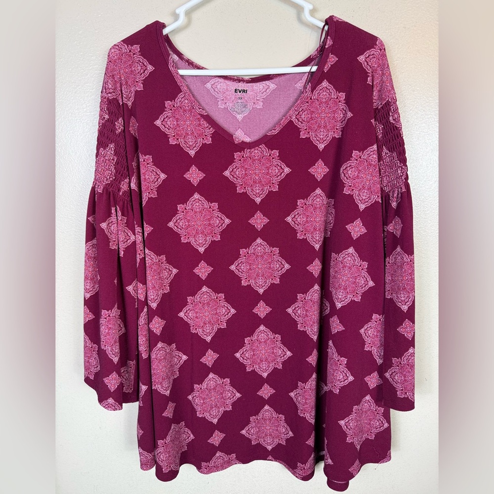 Evri Blouse Smocked Bell Sleeve Tunic 3X Burgundy Lightweight Spring Casual